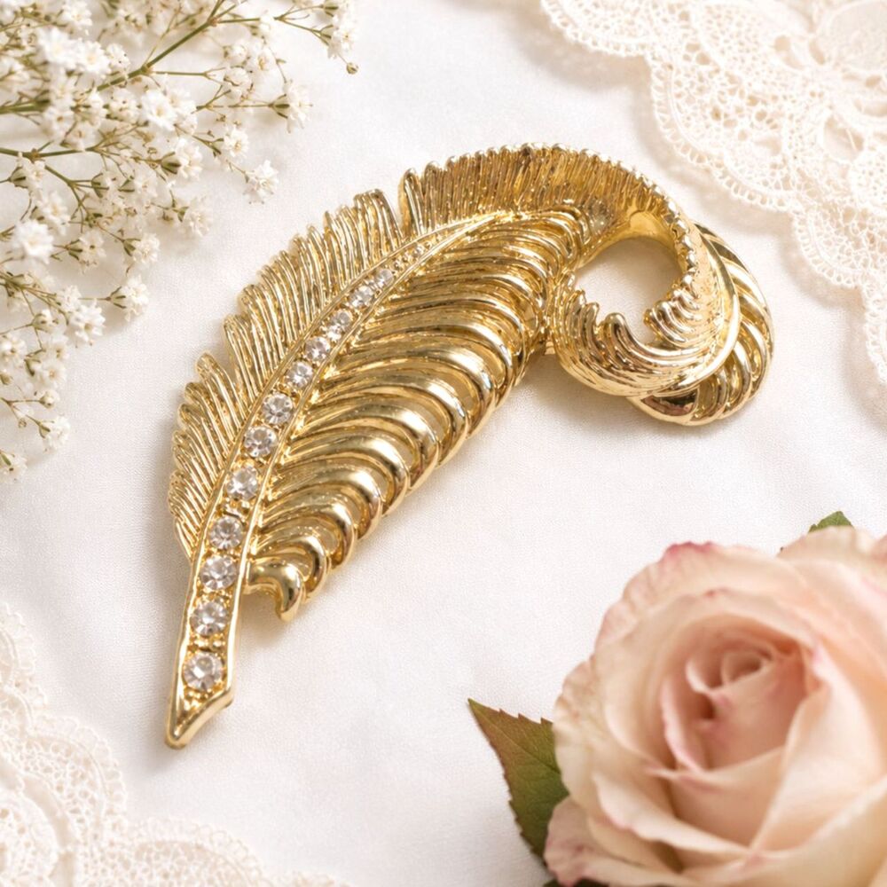 Vintage Gold Tone Rhinestone Accented Feather Brooch